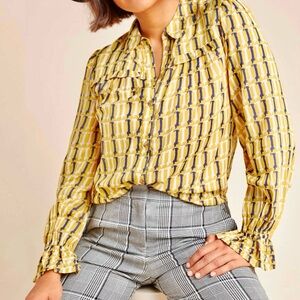 Anthropologie Maeve Dachshund Dog Print Yellow Fredericka Buttondown Blouse Top